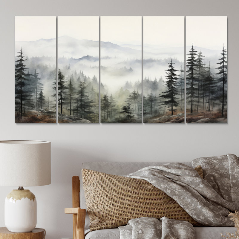 Pin arbre Misty Mountain II - art mural floral salon - 5 panneaux égaux