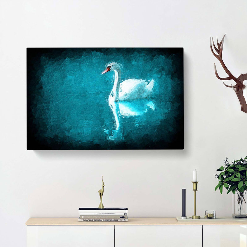 White Swan on a Blue Lake in Abstract - Wrapped Canvas, 50cm H x 76cm W x 3cm D