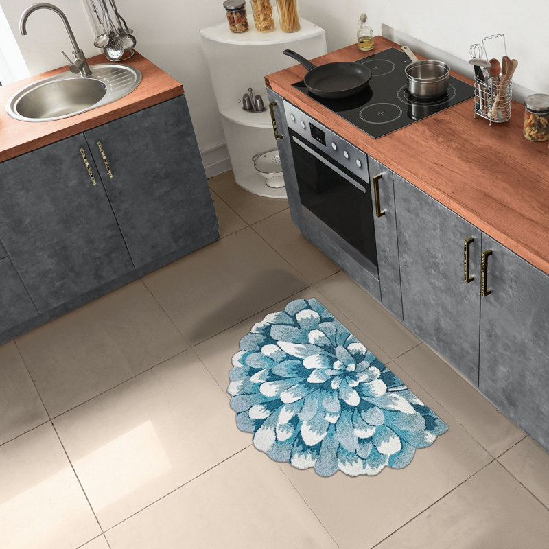 Ismay Floral Polyester Water Resistant Kitchen Mat, Semi-Circle 2' x 3', Aqua
