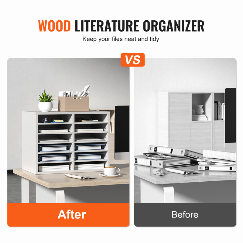 White Adjustable 12-Compartment Wood Literature Organizer