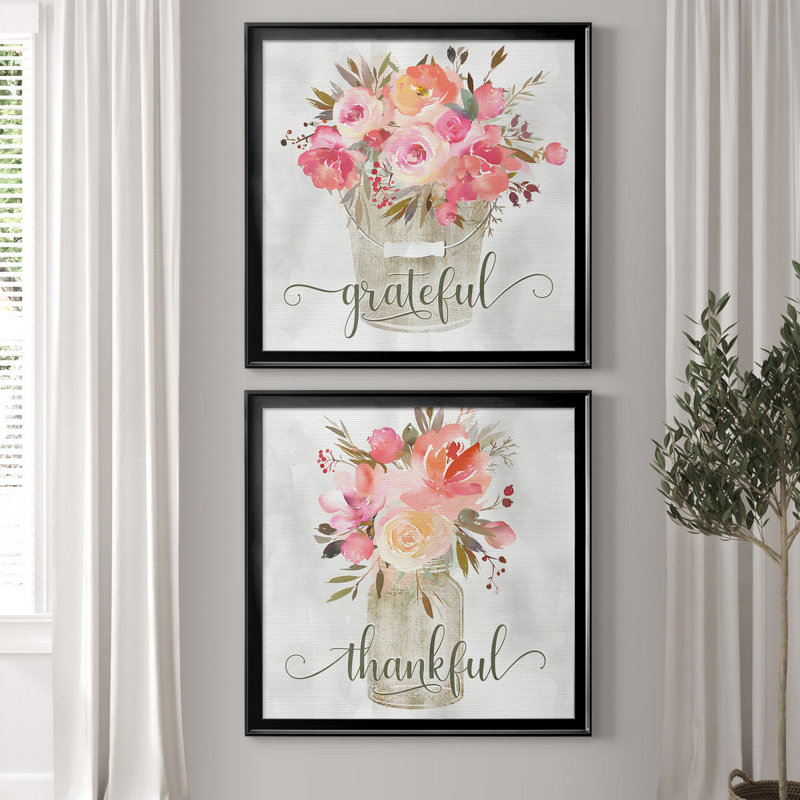 Simple Grateful Floral - ensemble de 2 reproductions d'art, H 26,5 po x l 53 po x P 1,5 po, Toile avec cadre noir