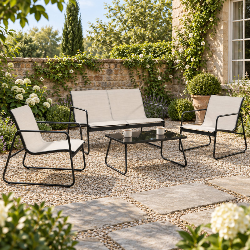 4-Seater Garden Lounge Set with Mesh Seating and Glass Coffee Table, 4 Pieces, Beige