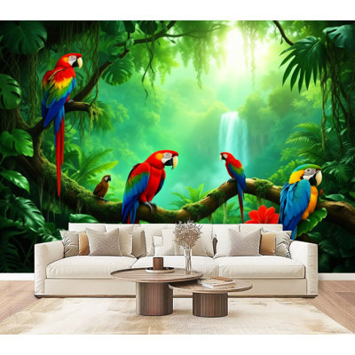 Peel and Stick Wallpaper Tropical Jungle Scene Colourful Parrots Greenery Botanical Jungle Wall Murals 69"H x 96"W Removable PVC Wall Paper Self-Adhesive Wall Paintings Art Decor for Bedroom Living Room
