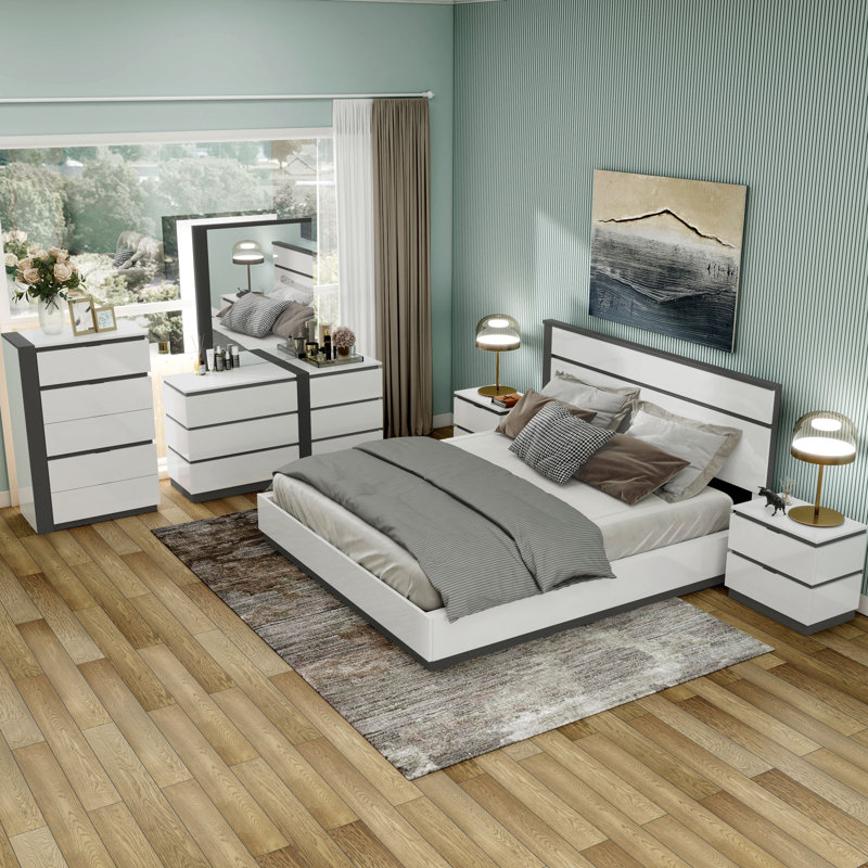 Ensemble de chambre à coucher 6 pièces Carilla, Grand, 6 pièces: lit, 2 tables de chevet, commode, commo