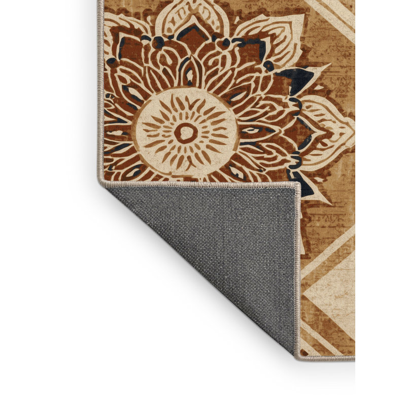 Tapis beige moelleux moelleux à motif de blocs d'inspiration mondiale, 7' Square