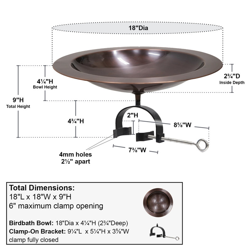 18" Classic  Copper Birdbath with Over Rail Bracket