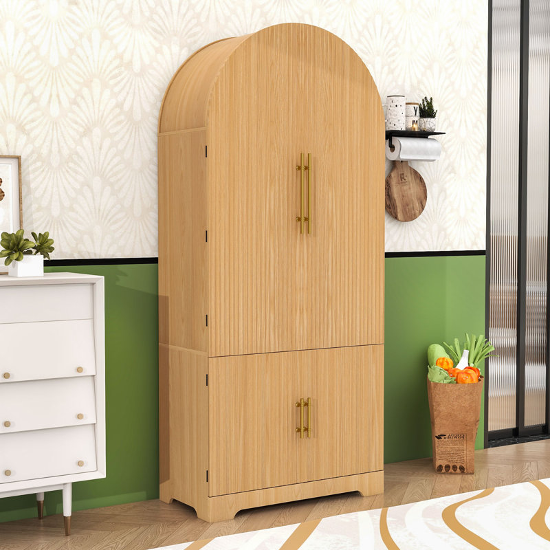 Garde-manger arqué avec portes cannelées, tablettes réglables, tiroir dissimulé et ensemble anti-basculement, Naturel