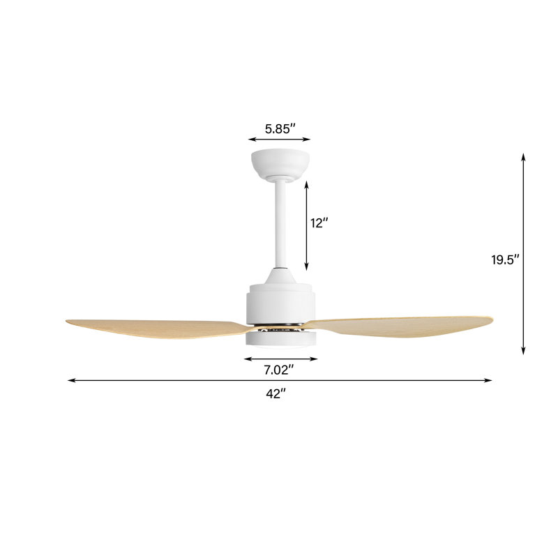 42inch 3 ABS Blades Indoor and Outdoor Ceiling Fan with Integrated LED and Remote Downrod,White and Natural Wood Grain, White