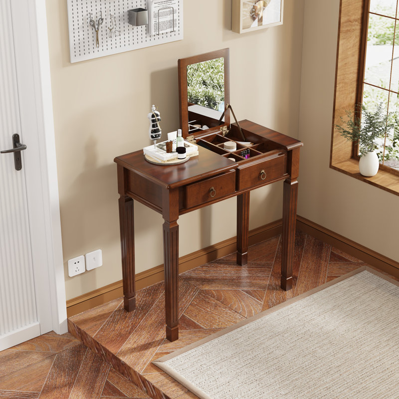 Vintage Solid Wood Vanity And Writing Desk With Flip Mirror & Storage Drawers, Cherry