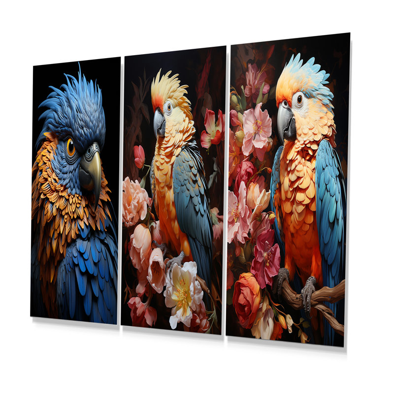 Plumage mystique bleu et jaune - Rhapsodie tropicale - Ensemble de 3 impressions de perroquet, H 28 po x l 36 po