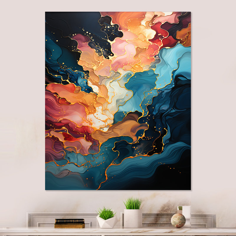 Rose et bleu tourbillonnant, peinture fluide III - Art mural abstrait en métal, H 20 po x l 12 po x P 1 po