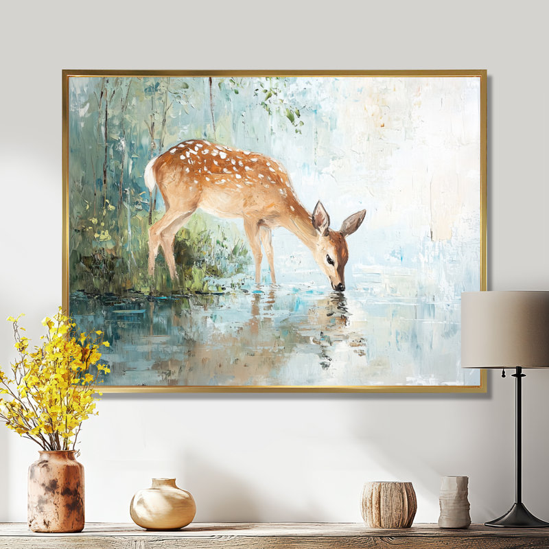 «Deer By The River IV», reproduction sur toile, H 34 po x l 44 po, Impression dans un cadre flottant sans passe-parto, Doré