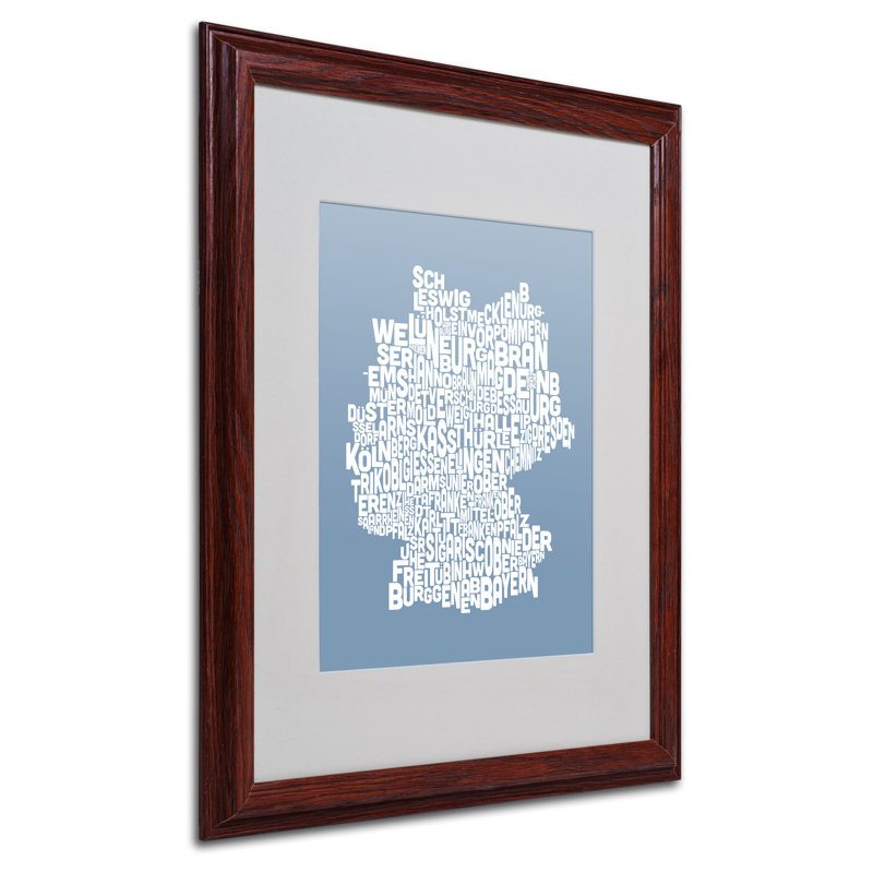 « germany regions map » par michael tompsett, art textuel encadré, H 20 po x l 16 po, Bleu ; blanc, Brun - Biseautée