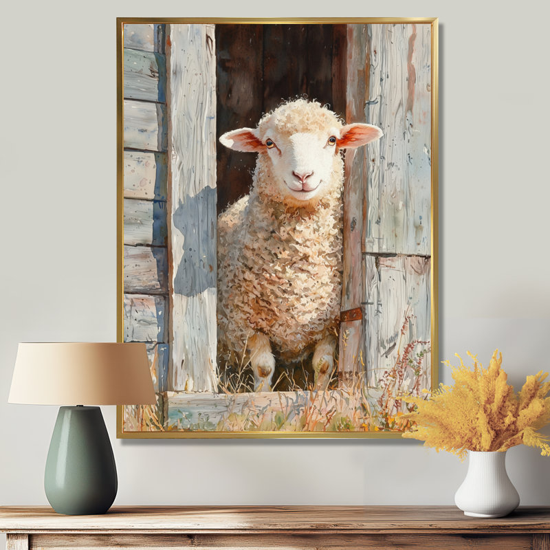 Donneisha Sheep Portrait At The Barn - Sheep Wall Art, Impression encadrée flottante, H 20 po x l 12 po, Doré