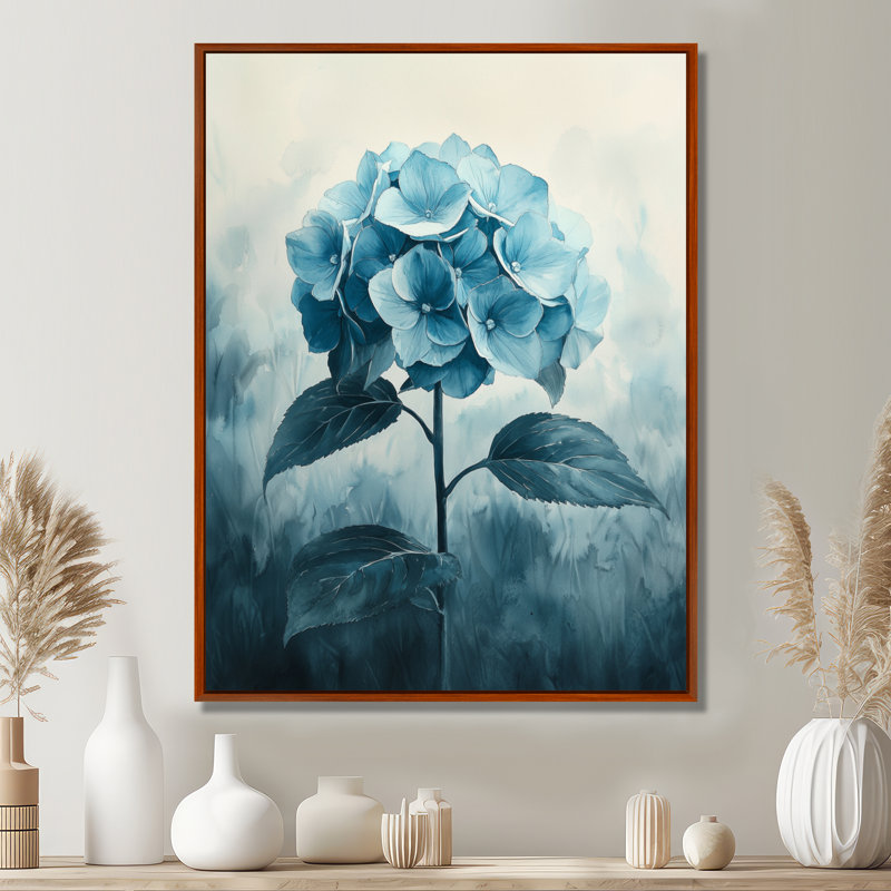 Bleu sarcelle hortensia dans un champ monochrome - hortensia art mural, 32" H x 16" W, Impression encadrée flottante, Brown