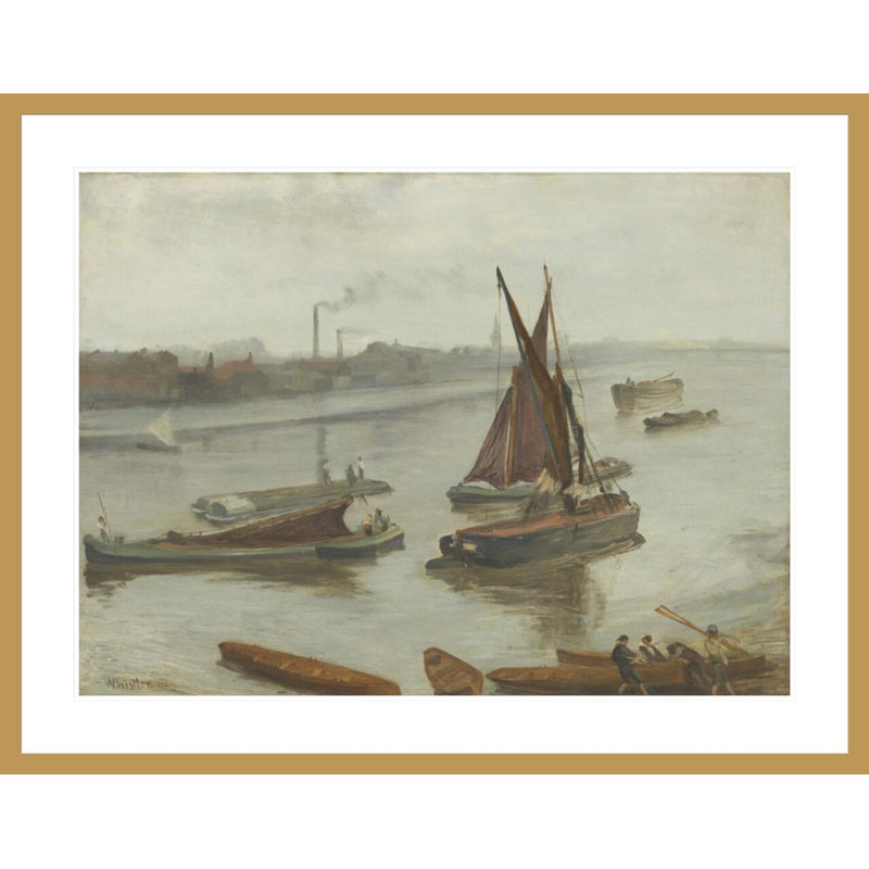 Gris et argent: «Old Battersea Reach» par James McNeill Whistler, impression giclée encadrée, H 32,54 po x l 41,5 po