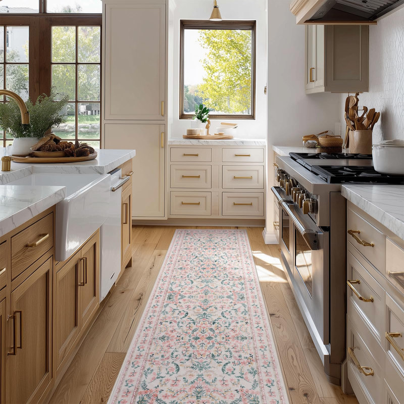 Area Rug 2x6 for Living Room, Washable Non Slip Low Pile Rugs, Floral Soft Carpet for Entryway, Kitchen, Hallways, Pink
