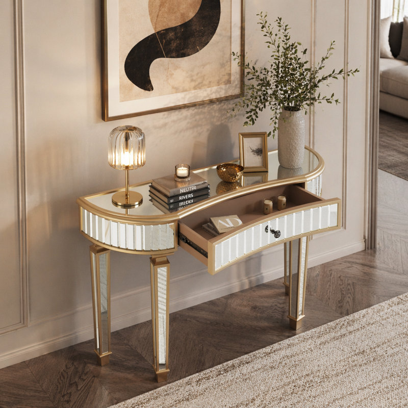 Console à miroir en demi-lune de 47 pouces avec tiroirs en verre cannelé et poignées en cristal pour la chambre à coucher et le vestiaire