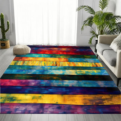 Colorful Abstract Striped Wood Grain Area Rug, Bright Multi-Tone Timber Texture Pattern, Soft Durable, Machine Washable Non-Slip Floor Carpet, Stylish Artistic Indoor Home Decor for Living Room, Bedroom, Entryway, Kitchen, Dormitory