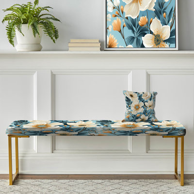 Blue Coastal Blossoms Floral Pattern - Floral Upholstered Gold Bench