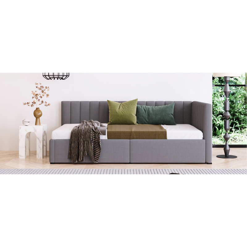 Lit simple tapissier avec 2 tiroirs de rangement, tissu en lin, sans sommier, lit de jour à cadre gris requis, taille, rangement, tissu
