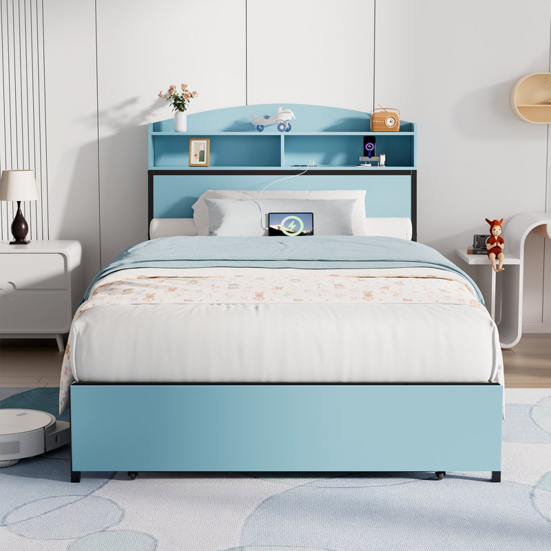 Twin Bed Frame with Storage Headboard Drawer, Non-Slip Metal Bed Frame, Easy Assembly, No Box Springs Needed, Black / Blue