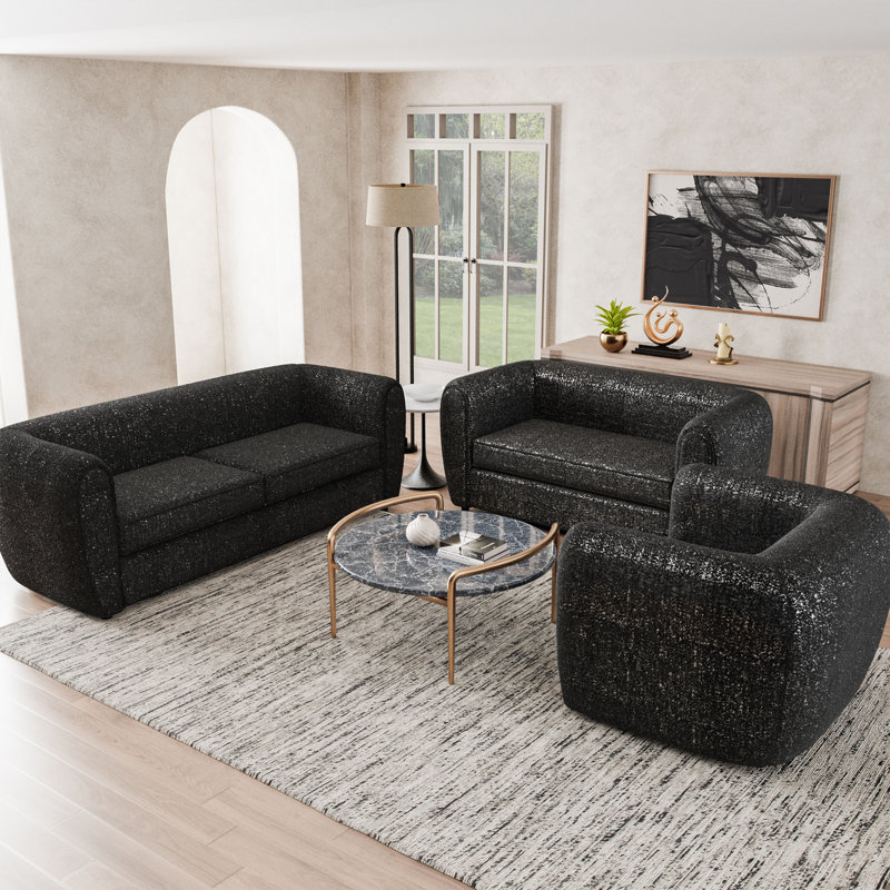 Ensemble de salon Celal, Noir, 3 pièces: chaise, causeuse, canapé