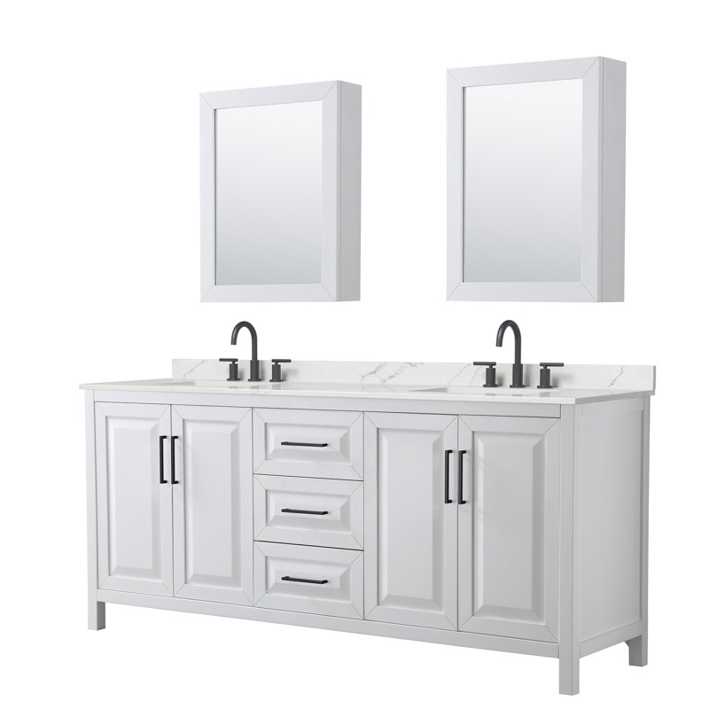 Ensemble de meuble-lavabo double 80 po avec dessus en quartz et miroir Daria, Quartz blanc, Blanc, Noir mat