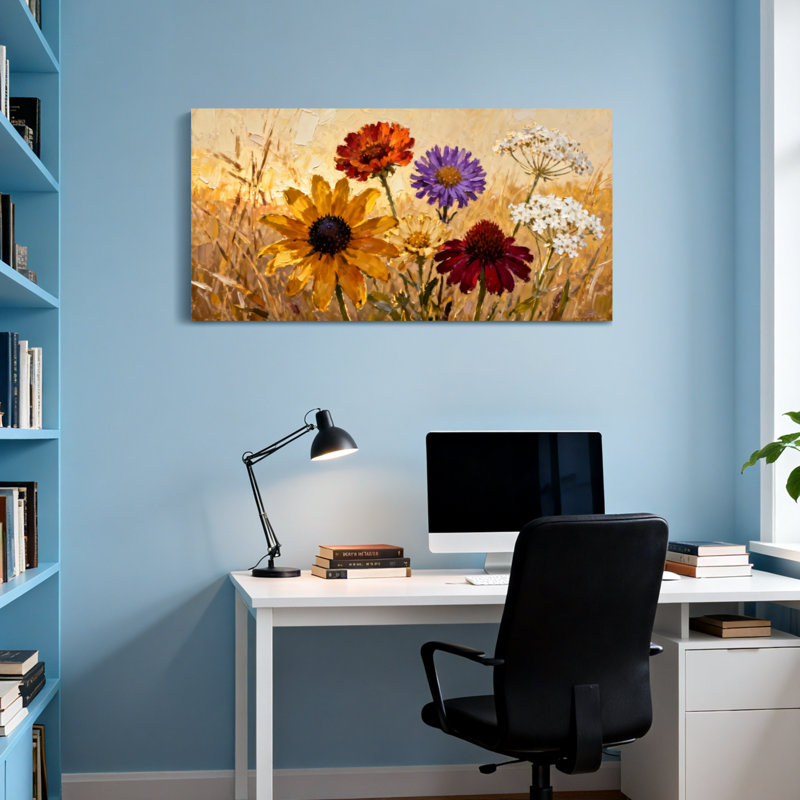 Plantes et fleurs, fleurs sauvages colorées dans un champ doré, art sur toile, H 20 po x l 40 po
