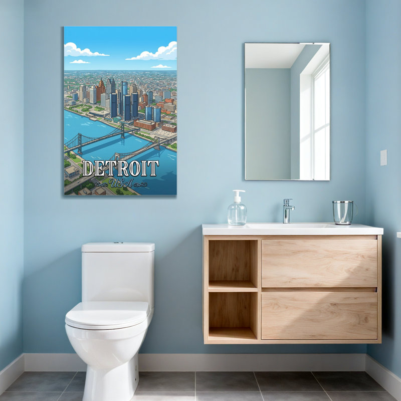 Scénique et paysages urbains, pont de rivière, ville de Detroit, art, H 18 po x l 12 po