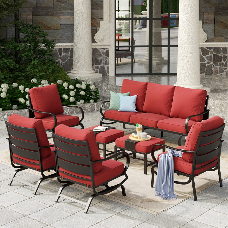 Tapasi 9 - Person Patio Conversation Set with Rocking Lounge Chairs & Optional Firepit Table, Red, No