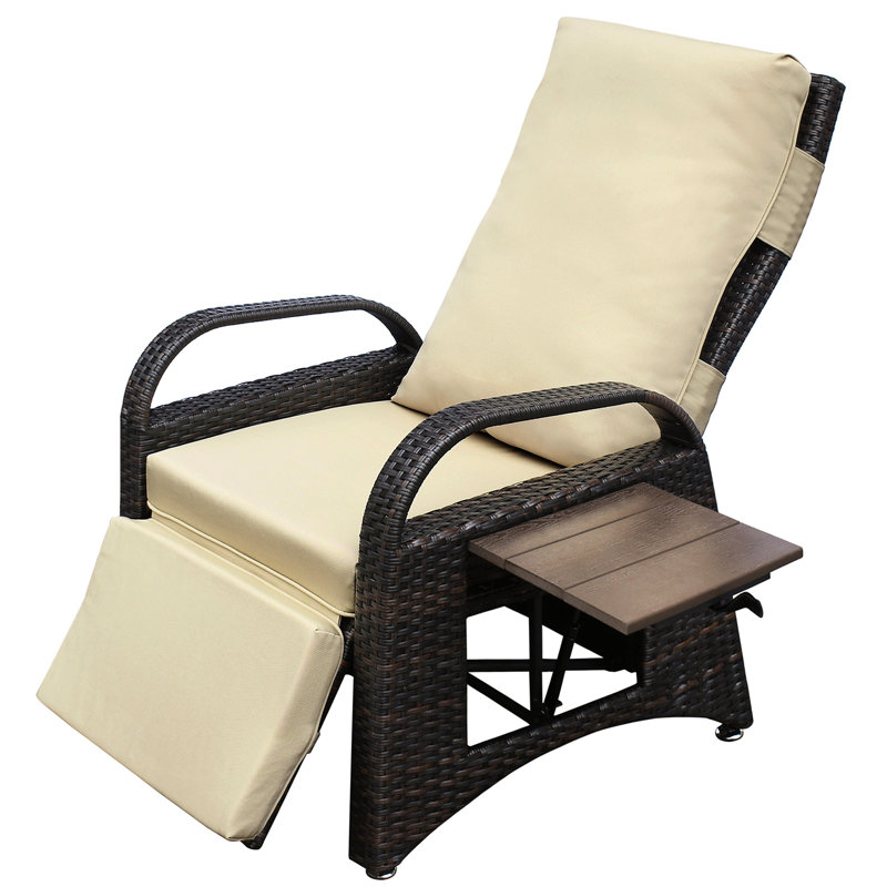 Modern Outdoor Recliner With Adjustable Footrest And Convenient Table Strong Metal Construction Removable Padding