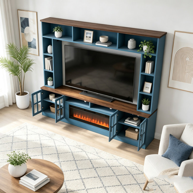 Meuble télé mural de 95,5 pouces avec foyer et étagères, Marine