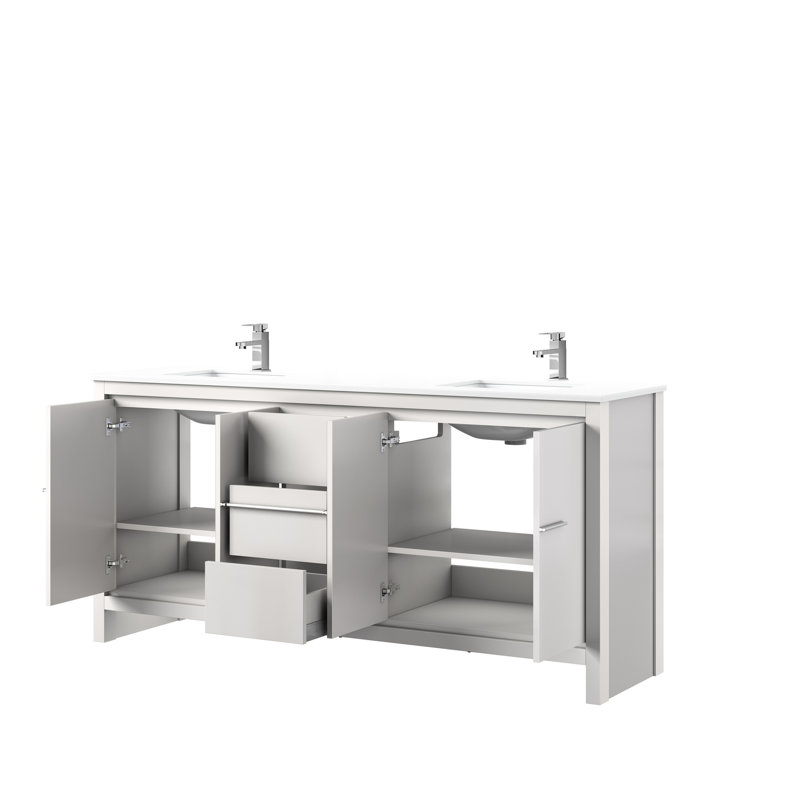 Meuble-lavabo double blanc 72 po Avec dessus et robinet en marbre - beaucoup d'espace de rangement, 2 armoires, 3 tiroirs et une tablette ouverte avec un design élégant et une fermeture en douceur