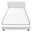 Lit, grand lit, tapissier, aspect lin beige, pieds en bois noir, transitionnel