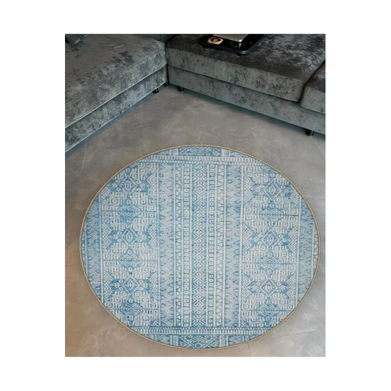 Light Blue And White Ethnic Patterned Woven Base Modern Decorative Carpet, Round 2'8"