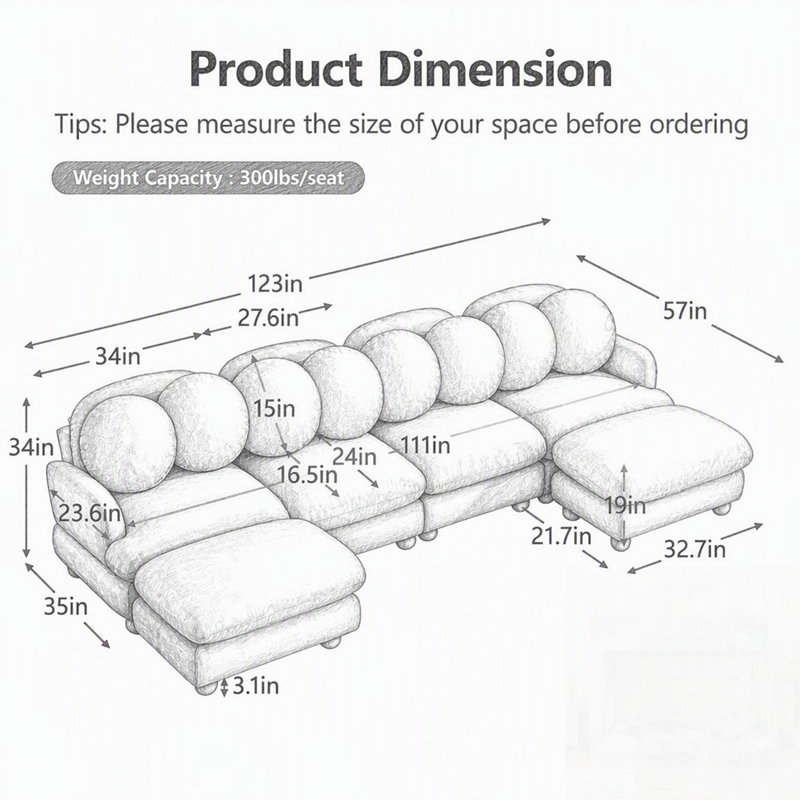 Grand canapé d'angle modulable en chenille, 6 places, avec 8 coussins décoratifs, pouf amovible et structure en bois massif pour un confort et un style polyvalents.
