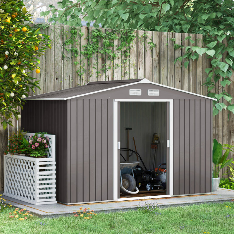 9ft X 6ft Outdoor Metal Garden Storage Shed With Roof, Foundation Base, Ventilation & Lockable Double Doors Weather-resistant Tool Storage Box