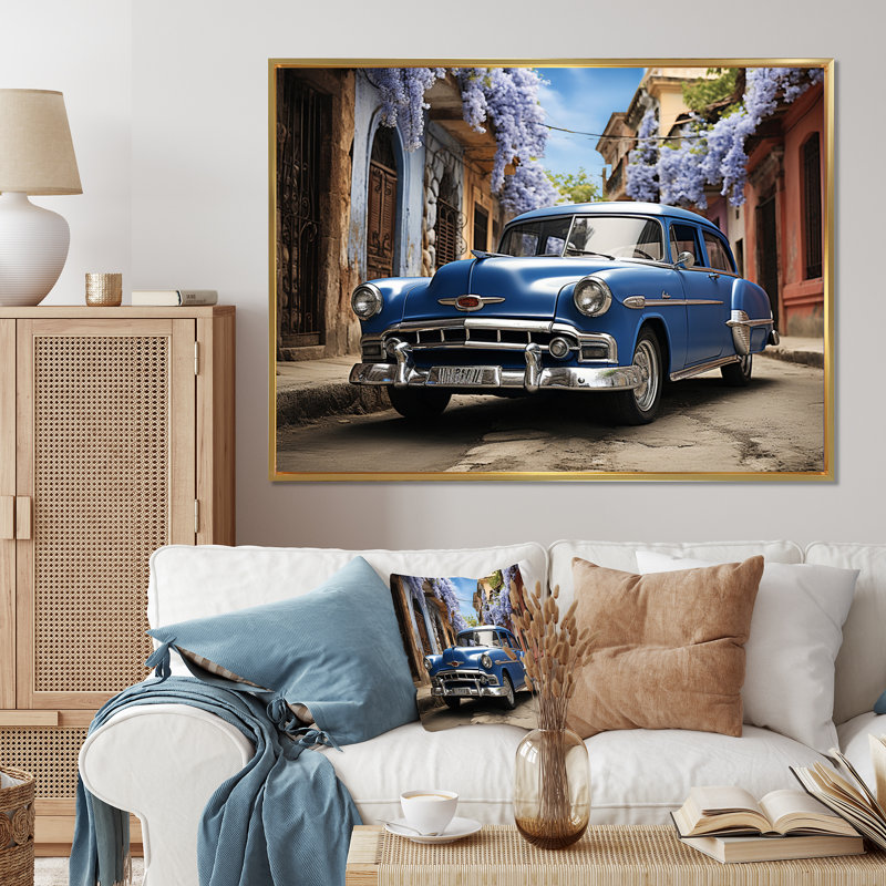 Cuban Blue Classic Car - Imprimé, Cadre flottant doré, H 24 po x l 32 po x P 1 po