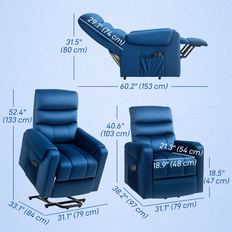 Fauteuil inclinable électrique Power Lift pour personnes âgées avec télécommande à 8 points de vibration, Bleu très foncé
