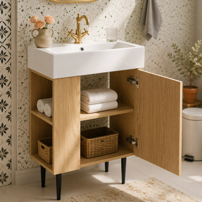 Meuble-lavabo en bois 21,6 po, armoire combinée, meuble de rangement pour salle de bain, lavabo simple en céramique, rangement à gauche