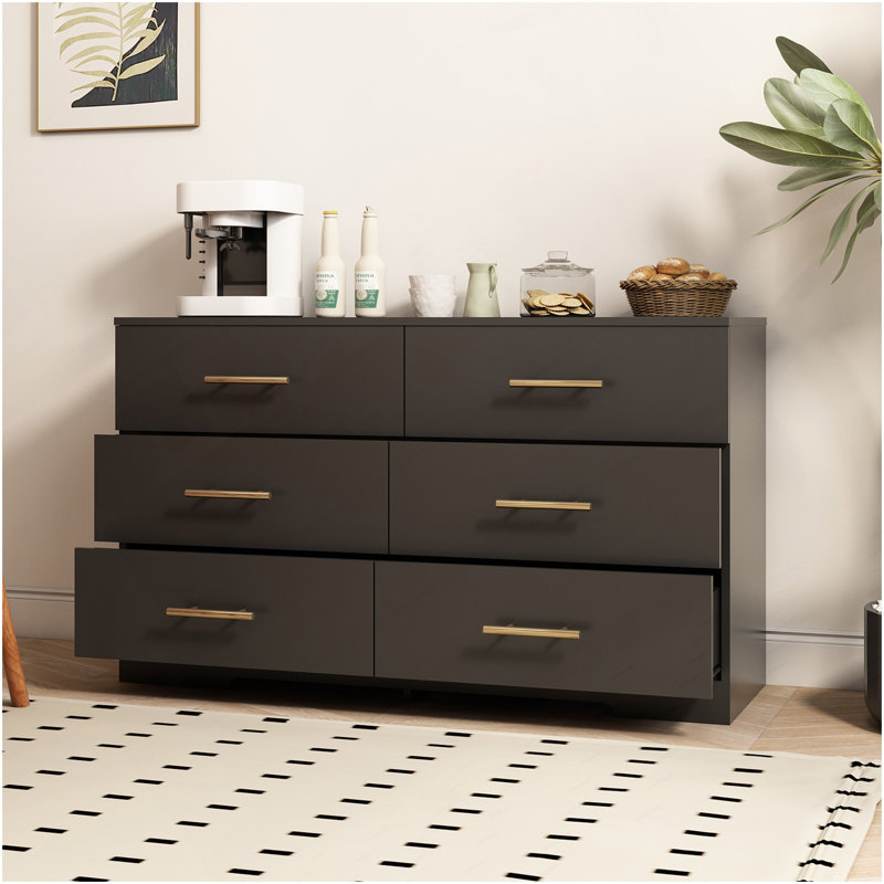 Black Color Large 6 Drawers Chest Of Drawer Dressers Table With Golden Handle, Black