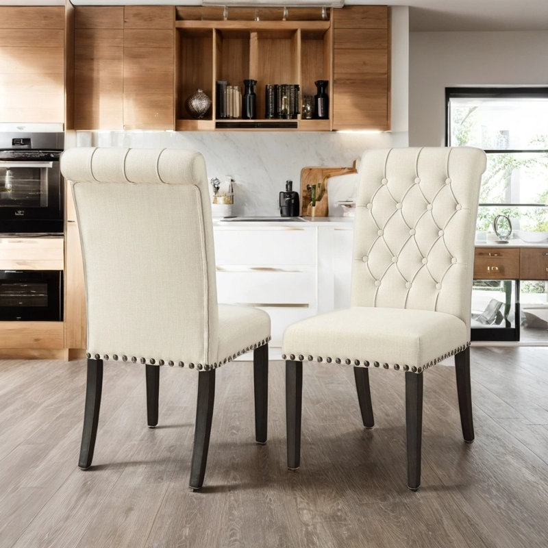 Ensemble de 2 chaises de salle à manger rembourrées en velours, dossier haut, capitonné, garniture cloutée, Beige