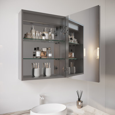 26X20 Inch Bathroom Medicine Cabinet With LED Mirror, Anti-Fog, Waterproof, 3000K~6000K Single Door Lighted Bathroom Cabinet With Touch Swich, Dimmable,Recessed Or Surface Mount (Right Door)