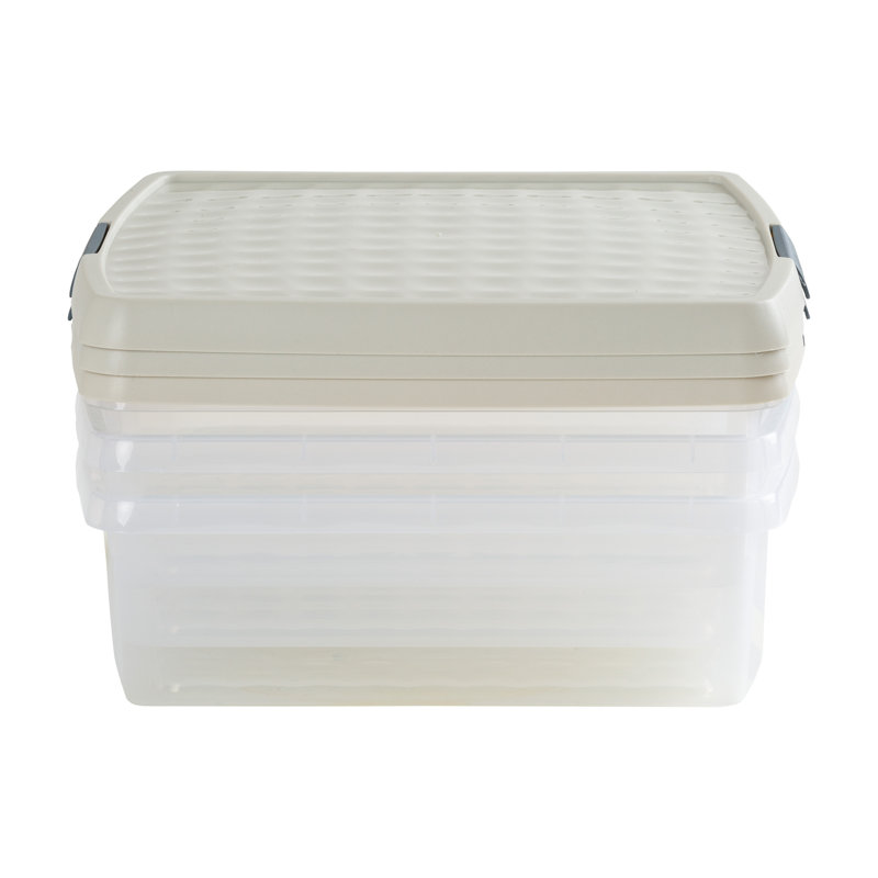 Wham Clip 13.2L Square Plastic Storage Boxes with Secure Clip Lock Lids. L:39.5 x W:39.5 x H:12cm Clear/Stone/Slate Grey
