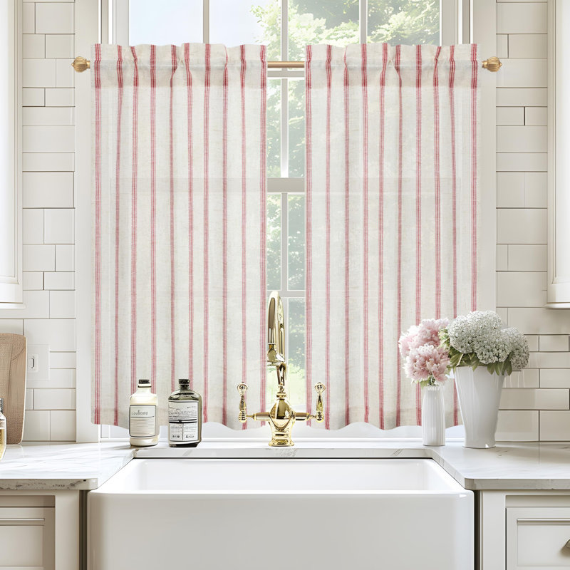 Farmhouse Kitchen Curtains Striped Tier Linen Short Curtains Pinstripe Cafe Curtains, 26" W x 45" L, Red Stripe/Light Linen