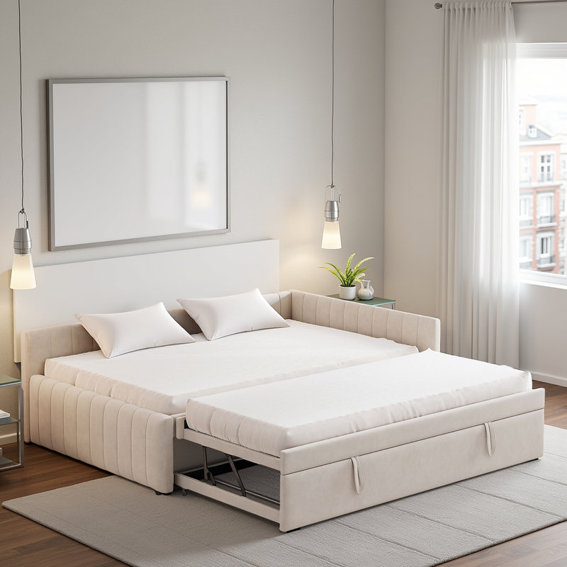 Modern Soft Upholstered L-Shaped Daybed with Twin Trundle, Beige