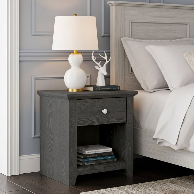 Tevrat 19.3" W 1-Drawer Manufactured Wood Rectangular Nightstand , Dark Gray Oak