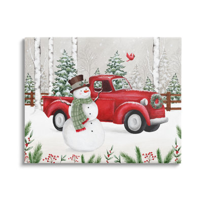 Hiver, pays des merveilles, bonhomme de neige, cardinal, camion rouge enneigé, estampe numérique encadrée, art texturé par Emma Leach