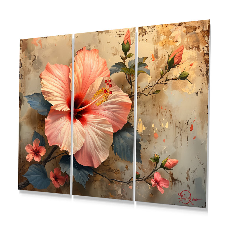 Hibiscus rétro rose et beige - Hibiscus Wall Art, ensemble de salon, Métal métal, H 40 po x l 60 po x P 1 po